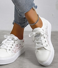 cheap -Women's Sneakers Plus Size Canvas Shoes Platform Sneakers Outdoor Daily Color Block Summer Cut Out Lace Flat Heel Round Toe Sporty Casual Minimalism Walking Lace Tissage Volant Lace-up White