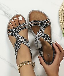 olcso -női szandál boho bohemia tengerparti lapos szandál molett szabadtéri strand nyári strasszos lapos sarkú elegáns alkalmi ezüst arany fekete szandál