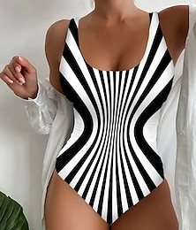 cheap -Women's Swimwear One Piece Normal Swimsuit Printing Striped Beach Wear Summer Bathing Suits