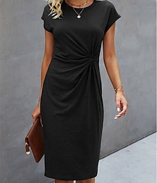 cheap -Women's Black Dress Plain Twist Front Fitted Crew Neck Midi Dress Basic Daily Date Short Sleeve Summer Spring
