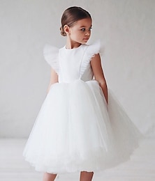 Χαμηλού Κόστους -παιδικό κοριτσίστικο μονόχρωμο φόρεμα από τούλι πάρτι γενεθλίων διχτυωτό λευκό κοντό μανίκι μέχρι το γόνατο κομψά γλυκά φορέματα άνοιξη καλοκαίρι slim 1 τμχ 3-10 ετών