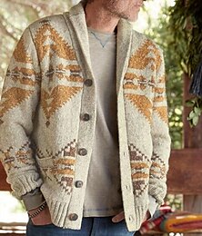 abordables -Hombre Pulóveres Cárdigan Tejer Estilo retro Retro Geométrico Redonda Elegante Suéteres Ropa Cotidiana Ropa Otoño Invierno Caqui Gris M L XL