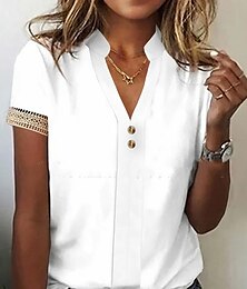 cheap -Women's Shirt Lace Shirt Blouse White Lace Shirt Plain Casual Button White Short Sleeve Elegant Fashion Basic Standing Collar