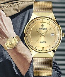 abordables -Relojes de Negocios para Hombre WWOOR Relojes de Lujo Correa de Malla Ultra Delgado Reloj de Pulsera de Cuarzo Impermeable Auto Fecha Reloj Masculino