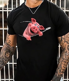 cheap -Mens Graphic Shirt Pig Cartoon 3D For Birthday | Green Winter Cotton Animal Prints Black Pink Navy Blue Tee Blend Casual Short Sleeve