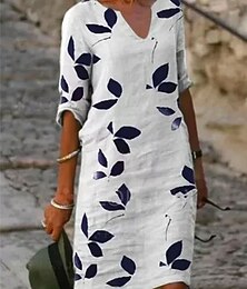 levne -Dámské bavlněné lněné midi šaty casual šaty shift šaty midi šaty vzor casual každodenní dovolená V výstřih poloviční rukáv léto jaro bílá fialová listová