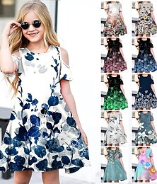 cheap -Kids Little Girls' Dress Floral A Line Dress Daily Holiday Vacation Print Green Blue White Above Knee Short Sleeve Casual Cute Sweet Dresses Spring Summer Regular Fit 3-12 Years