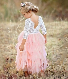 Недорогие -Детское розовое вечернее платье принцессы с цветочным кружевом и зубчатым тюлем на спине и открытой спине, пачка с верхними краями, многоярусное платье для девочек