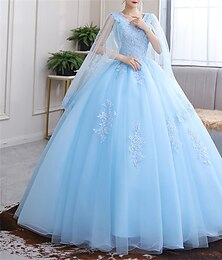 preiswerte -Ballkleid Quinceanera-Kleider Prinzessinnenkleid Rot-Grün-Kleid Sweet 16 Bodenlanges Kurzarm-V-Ausschnitt-Tüllkleid mit Applikationen zum Beeindrucken 2025