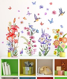 baratos -Adesivos de decalques de parede de flores em aquarela pássaros borboleta adesivos de parede florais removíveis decoração de parede de flores silvestres para meninas de verão quarto sala de estar