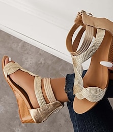 levne -Dámské zlaté sandály na klínku s elastickým páskem, zapleteným designem a zapínáním na zip, pohodlné letní boty s otevřenou špičkou pro běžné nošení, cestování a večírky