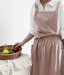 preiswerte -Baumwoll-Leinen-Kreuzschürze für Damen mit Taschen für Gartenreinigung, schwarz, mit Taillenbändern