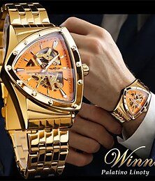 זול -ווינר משולש שלד אוטומטי שעון נירוסטה גברים עסקים מזדמנים לא סדיר משולש מכני שעון יד זהב בסגנון פאנק שעון זכר