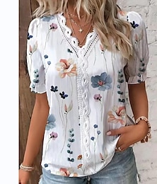 preiswerte -Damen Hemd Bluse Blumen Kontrastspitze Patchwork Weiß Kurzarm Stilvoll Boho V Ausschnitt Sommer