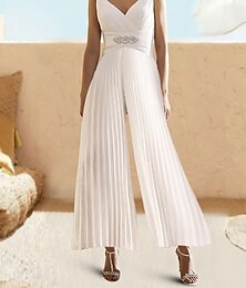 abordables -Mono Vestido Elegante Invitada de Boda Verano Hasta los Tobillos Sin Mangas Cuello en V Chiffon Con Espalda Escalonada con Pliegues Cristales