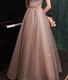 economico -Abiti Prom A-Line Abito Elegante Festa di San Valentino Ospite di Matrimonio Lunghezza Piena Manica Corta Scollo a V Tulle con Paillettes
