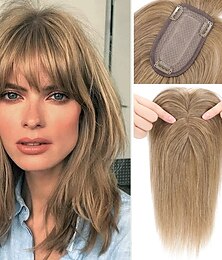 cheap -100% Human Hair Extensions 120% Density Silk Base Top Hairpiece Clip In On Hair Topper With Bangs For Women Hand-made Top Hair Piece Middle Part With Thinning Hair #27 Dark Blonde