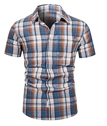 billiga -Herr Skjorta Sommarskjorta Rutig skjorta Knapp upp skjorta Rutiga skjortor Rubinrött Blå Kaki Kortärmad Pläd / Rutig Nedvikt Utomhus Gata Button-Down Kläder Polyester Mode Ledigt Andningsfunktion