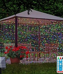 cheap -3*3M 300 LEDs Solar Curtain Light Outdoor Remote Control Light 8 Lighting Modes Fairy Lights IP65 Waterproof Leather Thread Lights Christmas Party Wedding Home Bedroom Garden Wall Decor