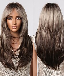 abordables -perruques blondes brunes ombrées pour les femmes noires perruques droites longues couches avec une frange d'air perruques synthétiques cheveux naturels pour une utilisation quotidienne de fête