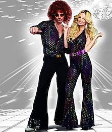 abordables -Disfraz de discoteca hippie de los años 70 retro vintage 1970 pantalones de campana traje de camisa traje de pareja de hombres y mujeres para fiesta de disfraces vintage cosplay