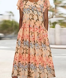 Χαμηλού Κόστους -Γυναικεία Floral φόρεμα Καλοκαιρινό φόρεμα Φλοράλ Στάμπα Σουρωτά Στρογγυλή Ψηλή Λαιμόκοψη Μίντι φόρεμα Ενεργό Μοντέρνα ΕΞΩΤΕΡΙΚΟΥ ΧΩΡΟΥ Καθημερινά Κοντομάνικο Κανονικό Πορτοκαλί Καλοκαίρι Άνοιξη Τ M