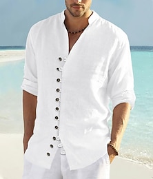 お買い得  -Men's Linen Shirt Shirt Summer Shirt Beach Shirt Black White Pink Long Sleeve Plain Collar Spring & Summer Casual Daily Clothing Apparel