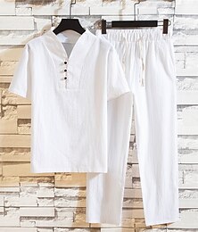 abordables -Hombre Camisa Camisa de lino de algodón 2 Piezas Conjunto de camisa Camisa de verano Camisa de playa Plano Casual Diario Negro Blanco Azul Marino Caqui Manga Corta Escote en Pico Verano Ropa