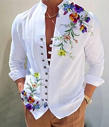 billiga -Herr Mörk Skjorta Aloha skjorta Långärmad Mode Designer Ledigt Semester Dagligen Utekväll Höst Vår & sommar Hög krage Mönster Svart Gul Svart / Röd Armégrön Rubinrött