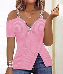 abordables -Mujer Blusa Plano Clásico Casual Manga Corta Hombro frío Escote en Pico Media cremallera Tops regulares Casual Cremallera de un cuarto Rosa Verano Primavera Otoño