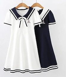 abordables -Niños Chica Vestido Color sólido Manga Corta Casual Estilo lindo Adorable Algodón Hasta la Rodilla Vestido de verano Verano Primavera 3-13 años Blanco Azul Real