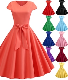 cheap -Retro Vintage 1950s A Line Dress Rockabilly Swing Dress Flare Dress Women's Bow V Neck Masquerade Cocktail Party Tea Party Casual Daily Dress