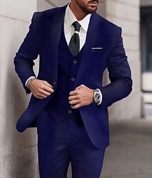 お買い得  -男性用 結婚式 スーツ ノッチドラペル ネービーブルー スカイブルー ソリッド スタンダードフィット 3点セット シングルブレスト 一つボタン