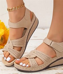 economico -sandali con zeppa beige da donna con cinturino a strappo e design ritagliato, comode scarpe aperte per camminare, viaggiare d'estate e indossare ogni giorno casualmente