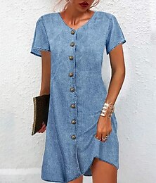 economico -Per donna Abito casual Abito camicia di jeans Mini abito Denim Di tendenza Essenziale Esterno Giornaliero Da mare A V Pulsante Manica corta Estate Primavera 2023 Standard Blu Liscio S M L XL 2XL