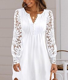 economico -Per donna Vestito bianco Mini abito Pizzo a contrasto Pulsante Giornaliero Appuntamento Da mare Di tendenza Moderno Girocollo Manica lunga Nero Bianco Colore