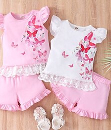 cheap -2 Pieces Toddler Girls' Butterfly Lace Clothing Set Pants Sets Sleeveless Daily Casual Matching Outfits 3-7 Years Summer White Pink