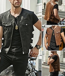 abordables -Hombre Chaleco Ropa Cotidiana Vacaciones Noche Moda Básico Primavera & Otoño Bolsillo delantero Poliéster Cuero PU Cómodo Plano Cremallera Cardigan Cuello Barco Ajuste regular Negro Marrón Chaleco