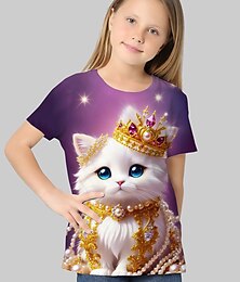 billiga -Barn Flickor T-shirt Grafisk Utomhus 3D-tryck Kortärmad Crewneck Aktiv 7-13 år Sommar Vit Blå Purpur