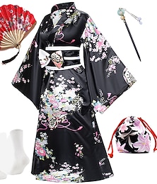 cheap -Japanese Anime Women's Kimono Robe Geisha Yukata Sweet Dress Blossom Satin Bathrobe Sleepwear Fans Socks Hair Accessories Purse 5 PCS