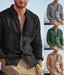 cheap -Men's Linen Shirt Shirt Summer Shirt Beach Shirt Black Brown Green Long Sleeve Solid Color Turndown Spring &  Fall Outdoor Street Clothing Apparel Button-Down