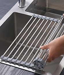 billige -sammenleggbar oppvaskstativ, tørketrommel i rustfritt stål over kjøkkenvasken, sammenleggbart opprullingsstativ grå for oppvask kopper fruktgafler