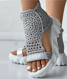 preiswerte -Gehäkelte Plateausandalen für Damen – handgefertigtes Obermaterial aus Strick mit Knöchelstütze und gepolsterter Sohle, stilvoll und bequem für lässige Sommeroutfits