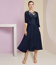 economico -Abito a due pezzi madre della sposa a linea A formale ospite di matrimonio elegante scollo a barca lunghezza tè chiffon pizzo maniche corte giacca inclusa con pieghe applicazioni di paillettes taglia