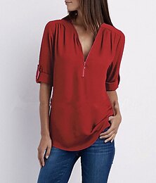 baratos -blusa feminina camisa zíper básico liso diário camiseta gola v manga regular verão branco preto rosa cinza azul escuro