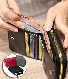お買い得  -女性用PUレザー短財布、女性用チェック柄財布、ヌバックカードホルダー、小さなジッパー財布、女性用コインポーチ付き