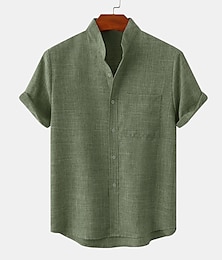 billige -Herre linned skjorte Casual skjorte Sort Hvid Gul Kortærmet Vanlig Henley Forår sommer Hawaiiansk Ferie Tøj Frontlomme