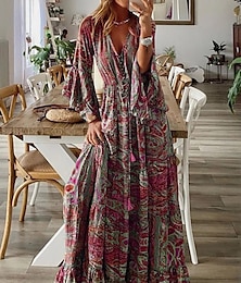 cheap -Women's Graphic Ruffle Print V Neck Flared Sleeve Maxi long Dress Bohemia Summer Spring