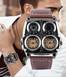 abordables -Reloj de cuarzo Oulm para hombres Minimalista Retro Vintage Moda Reloj deportivo con brújula Resistente al agua Termómetro Decoración Reloj de cuero