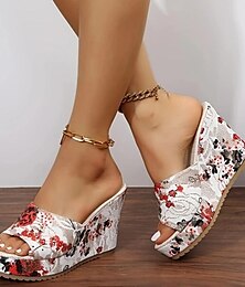 cheap -Women's Mules Platform Sandals Plus Size Outdoor Slippers Outdoor Beach Floral Summer High Heel Elegant Sexy PU Loafer White Red